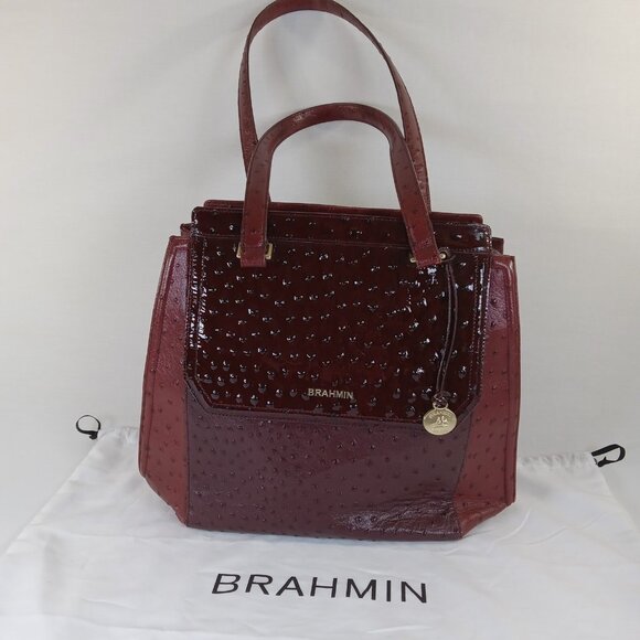 Brahmin Burgundy Red Ostrich Embossed Leather Tote Handbag Dustbag Arden?